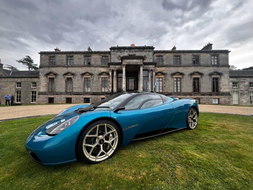 GMA T50 supercar in front of Broomhall House